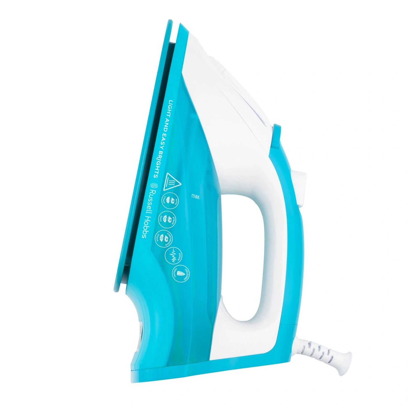 Blaues und weißes Bügeleisen mit Russell Hobbs-Logo und verschiedenen Dampfoptionen.