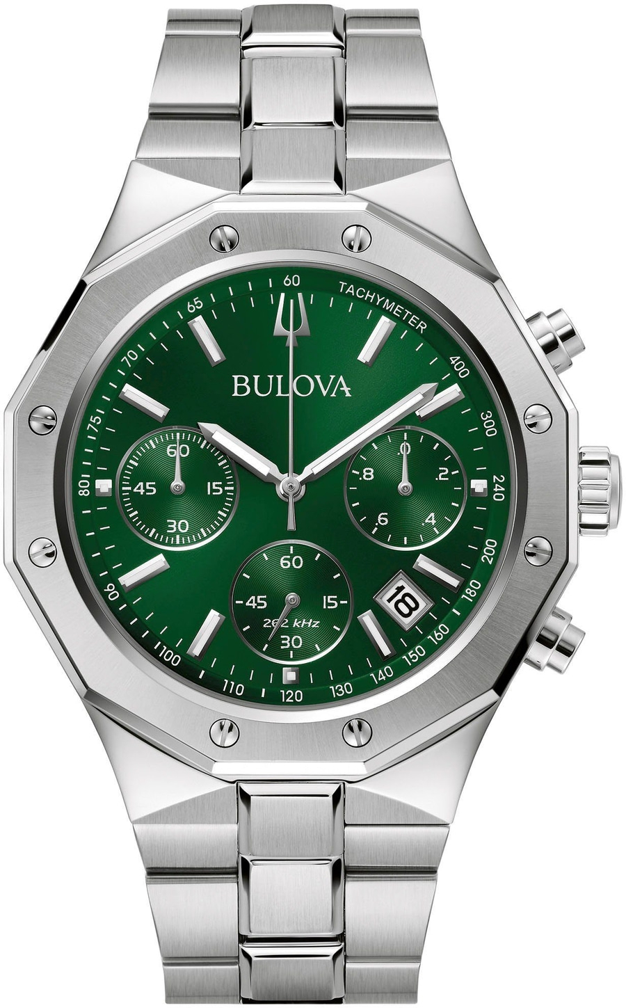 Bulova-Uhr mit grünem Zifferblatt, Tachymeter und Datumsanzeige, Edelstahlarmband