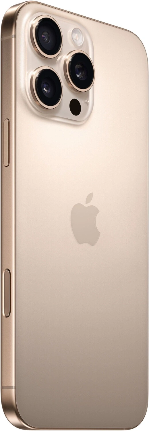 Goldenes iPhone mit drei Kameralinsen und Apple-Logo auf der Rückseite.