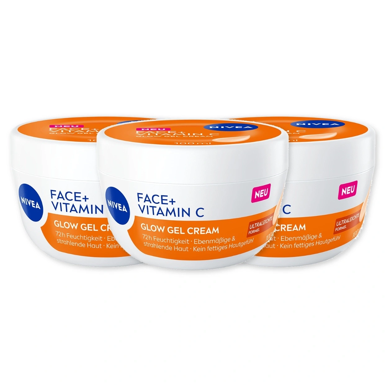 Drei Nivea Gesichtscreme Tiegel mit Vitamin C und einem orangen Deckel.