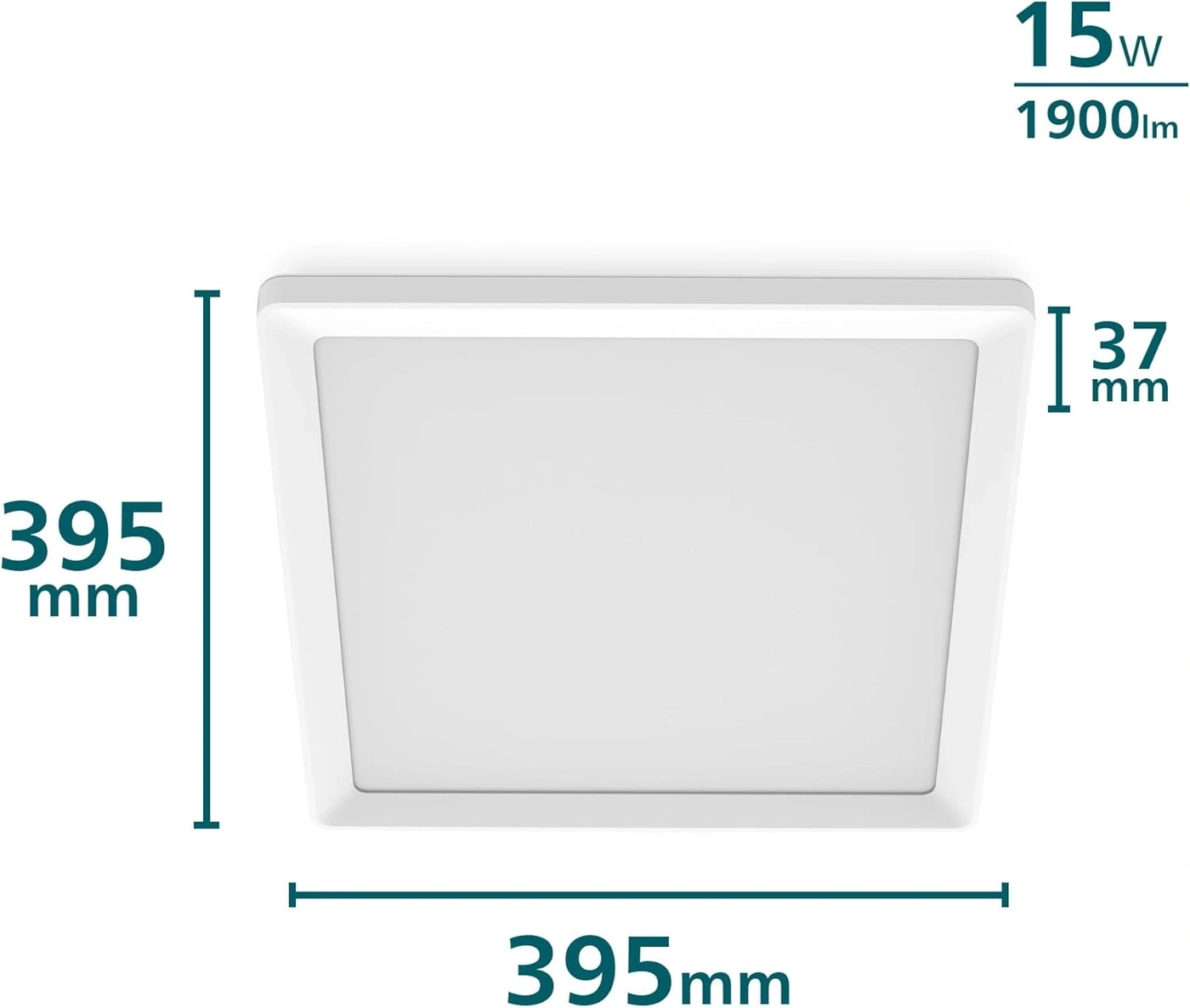 Ein rechteckiges Deckenlicht mit Maßen 395x395x37 mm und 15W Leistung.