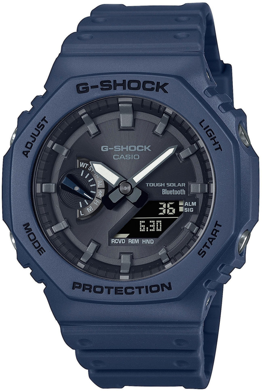 Blaue G-Shock-Uhr mit digitaler Anzeige und Tough Solar Technologie.