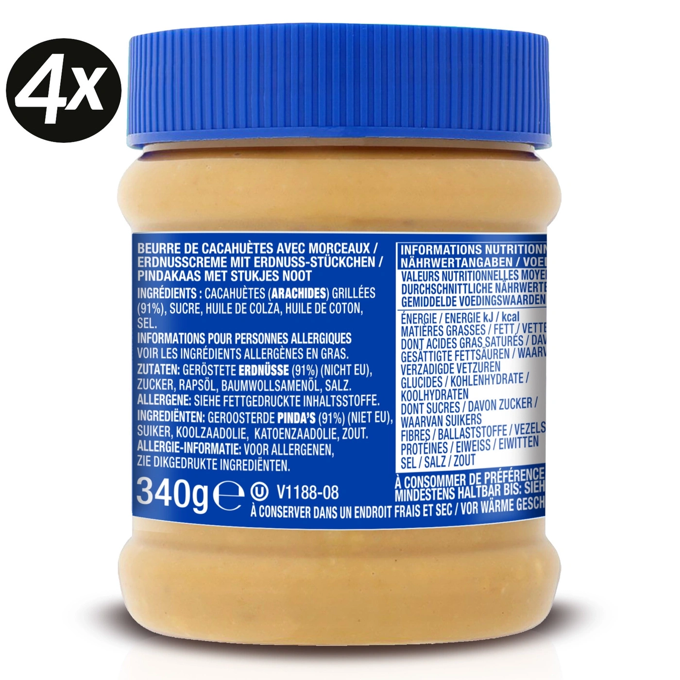Erdnussbutter im Glas mit Aufkleber mit Nährwertangaben und Zutatenliste.