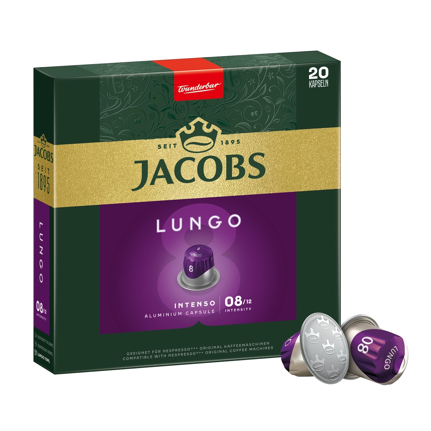 Jacobs Lungo Kaffeekapseln in einer Packung mit 20 Stück.