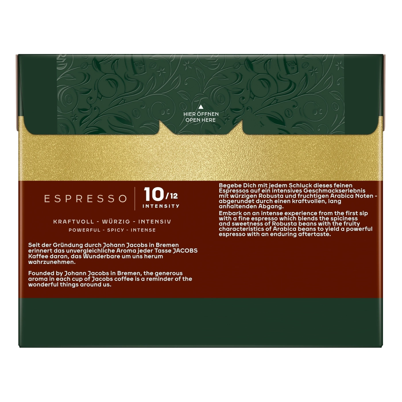 Espresso Kaffeepackung mit goldener Textur und grünen floralen Mustern