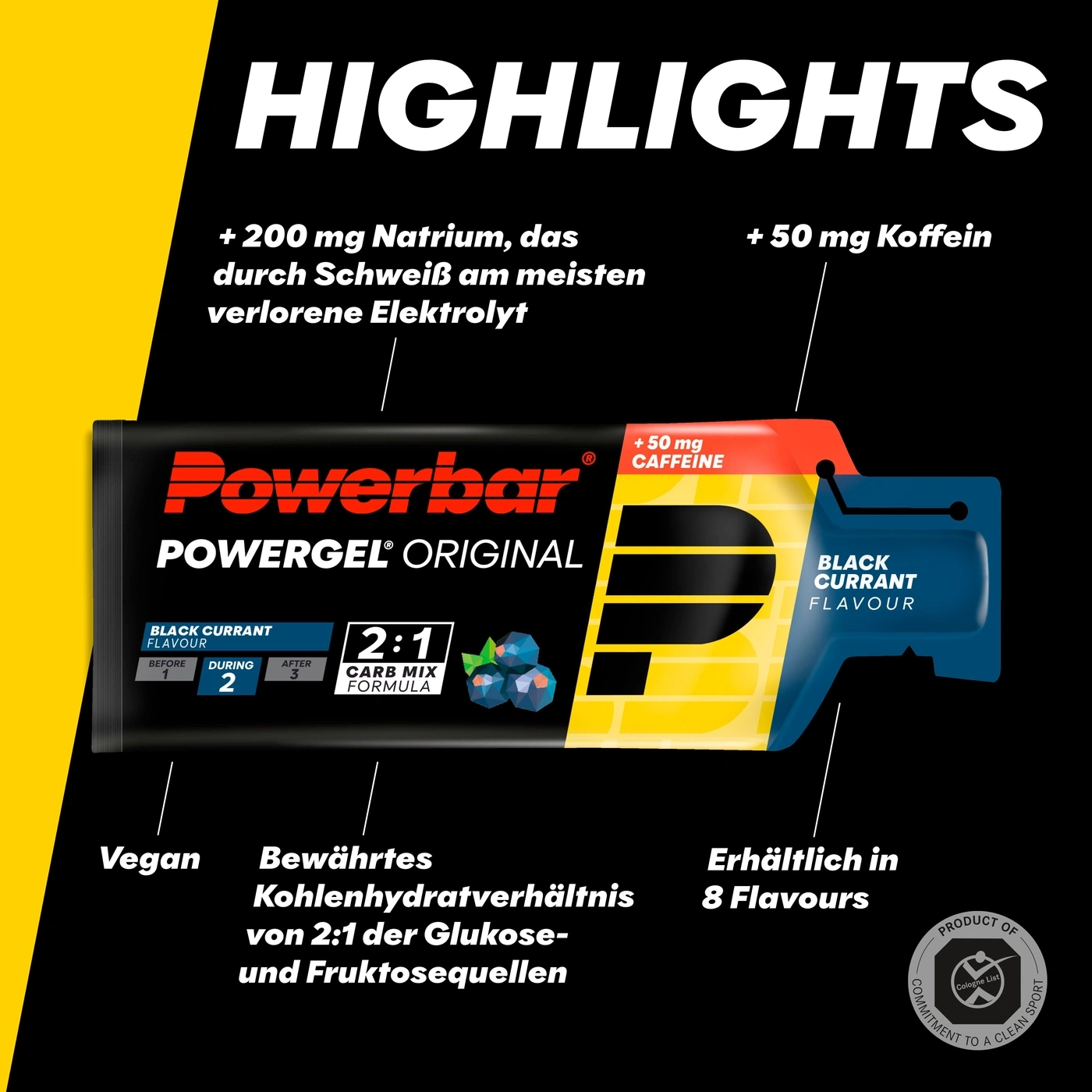 Powerbar Original Black Currant Gel mit Koffein und Natrium in deutscher Sprache