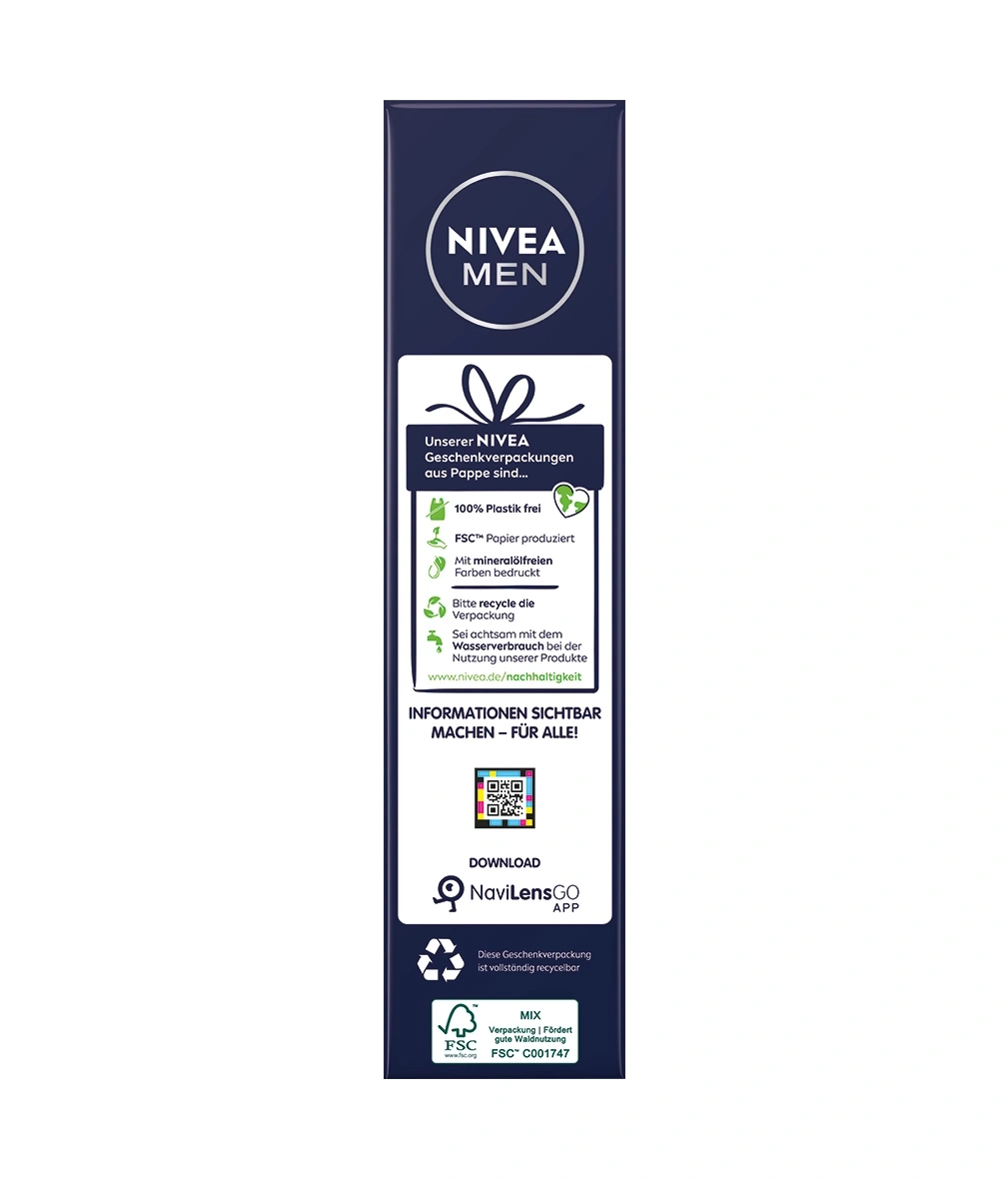 Nivea Men Geschenkverpackung mit Informationen zur Nachhaltigkeit und Recyclinghinweisen.