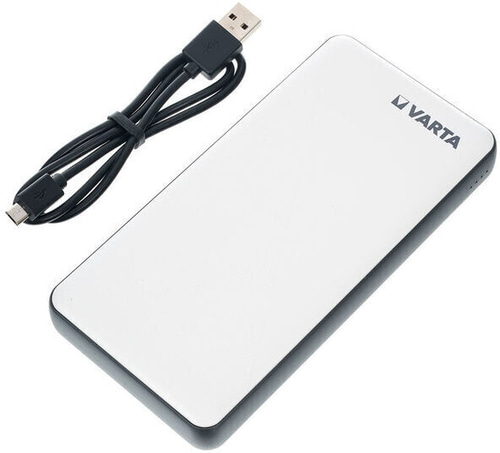 Varta Powerbank mit USB-Kabel, weißes Gehäuse, schwarzer Rahmen, Logo