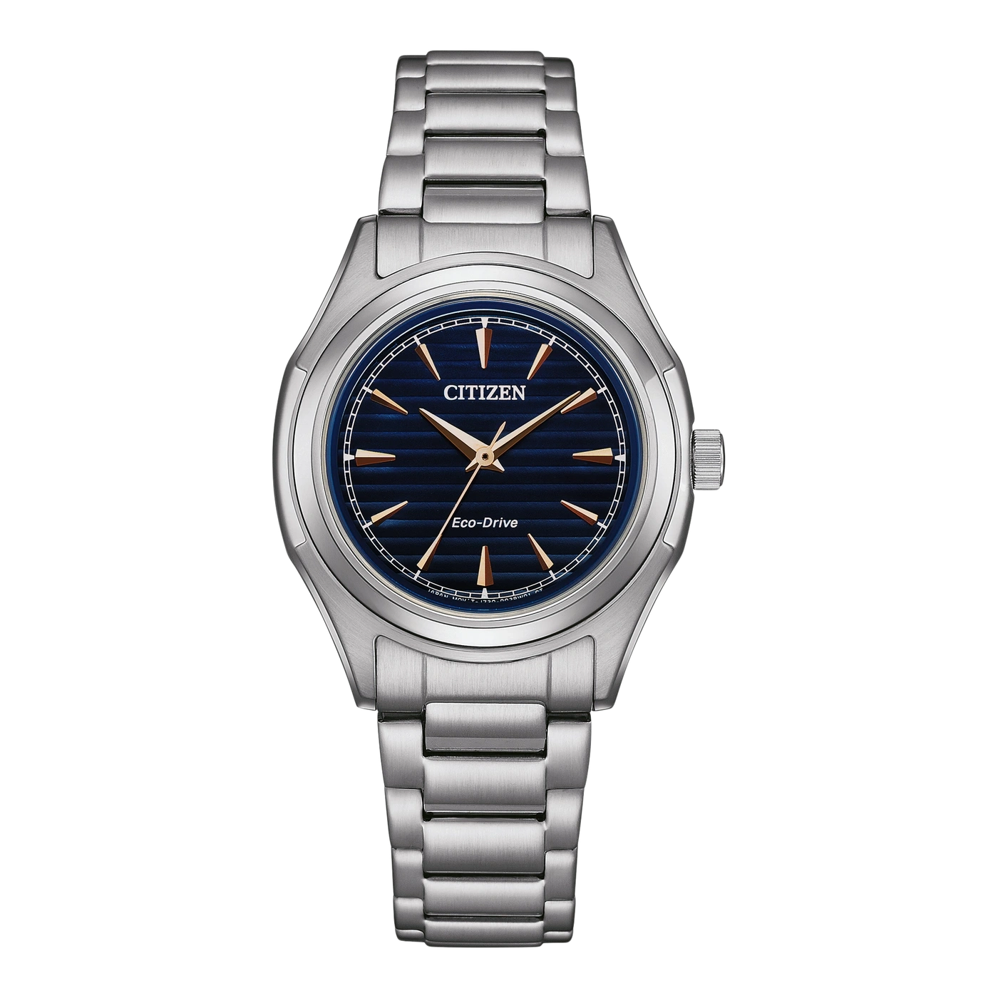 Citizen-Uhr mit blauem Zifferblatt und silbernem Armband, Nahaufnahme