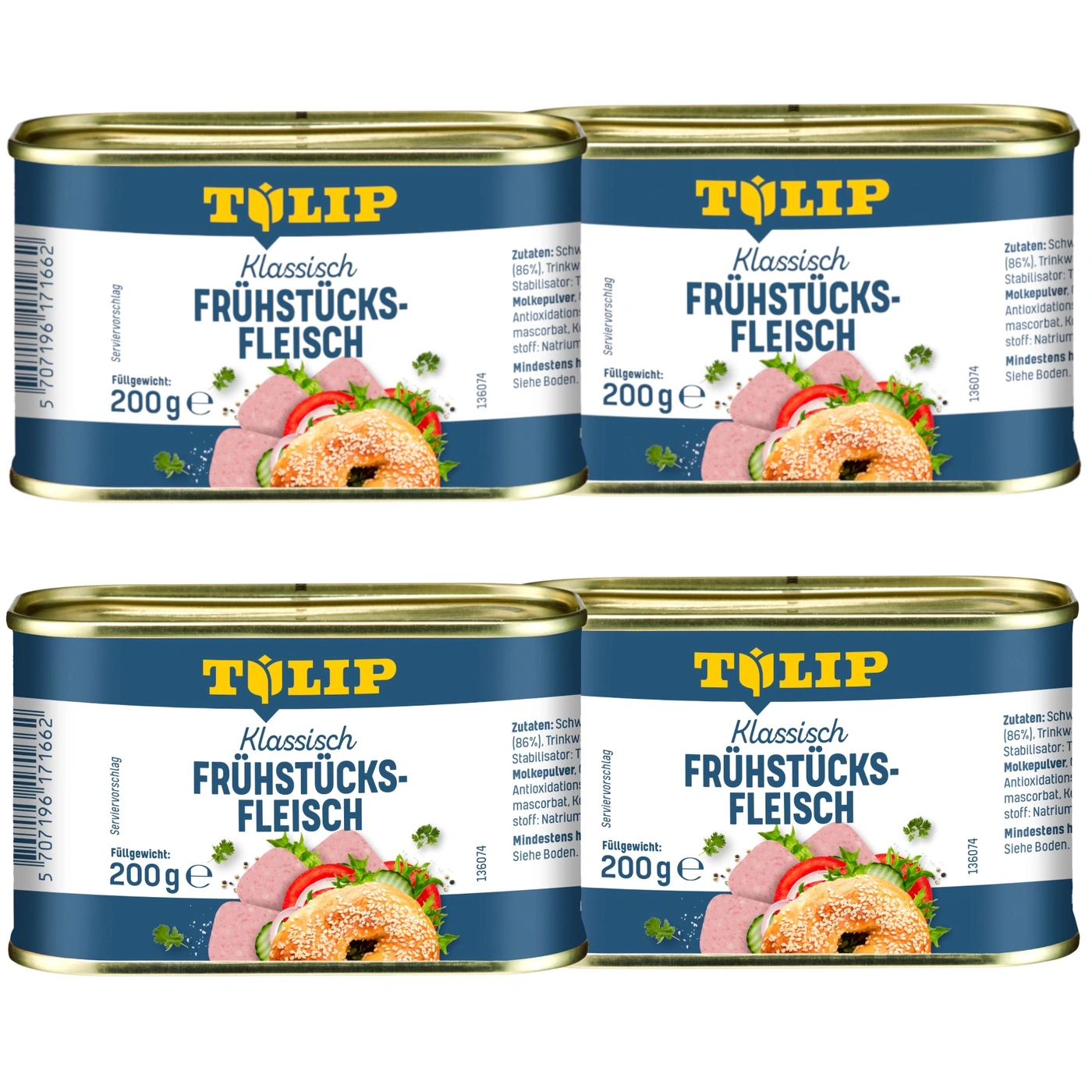 Vier Dosen Klassisch Frühstücks-Fleisch von Tulip, 200g, mit Zutatenliste.