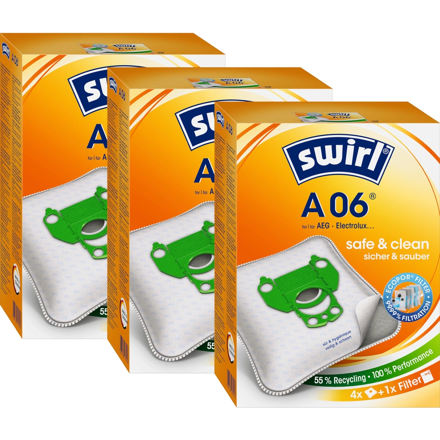 Swirl A06 Staubsaugerbeutel, 3 Packungen, sicher und sauber, 100% Leistung.