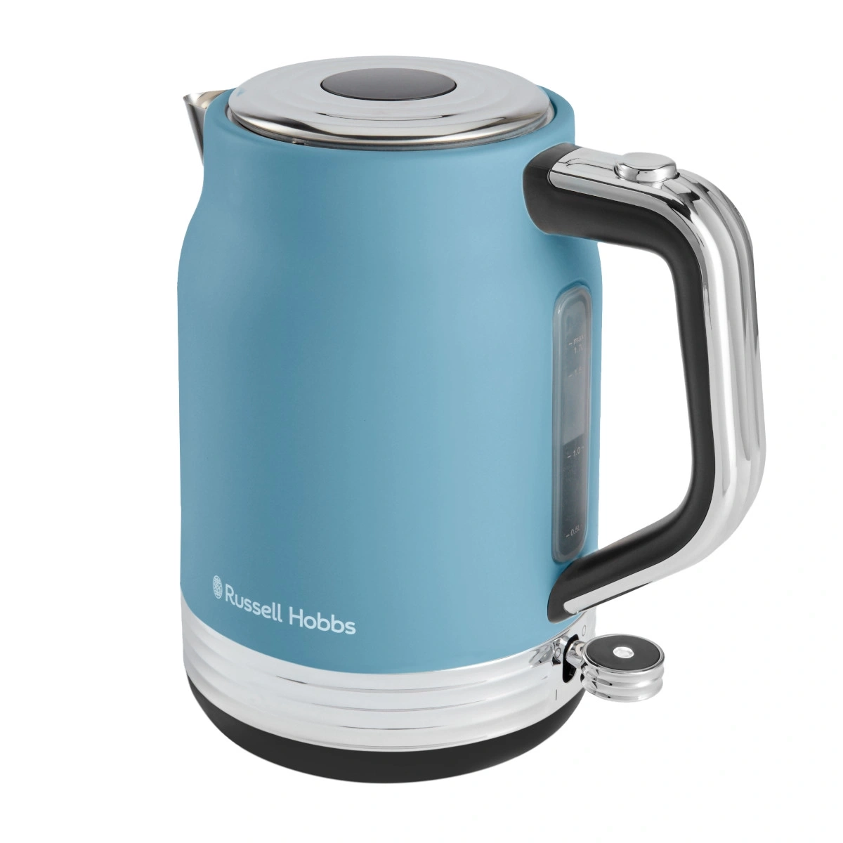 Ein blauer Wasserkocher von Russell Hobbs mit Chromdetails und einem Sichtfenster für den Wasserstand.