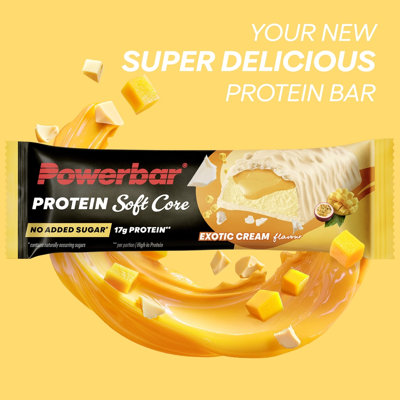 Powerbar Proteinriegel mit Mango-Maracuja-Geschmack und Fruchtstücken