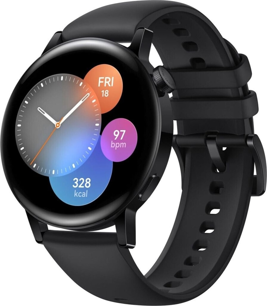 Schwarze Smartwatch mit Fitness-Daten auf dem Bildschirm