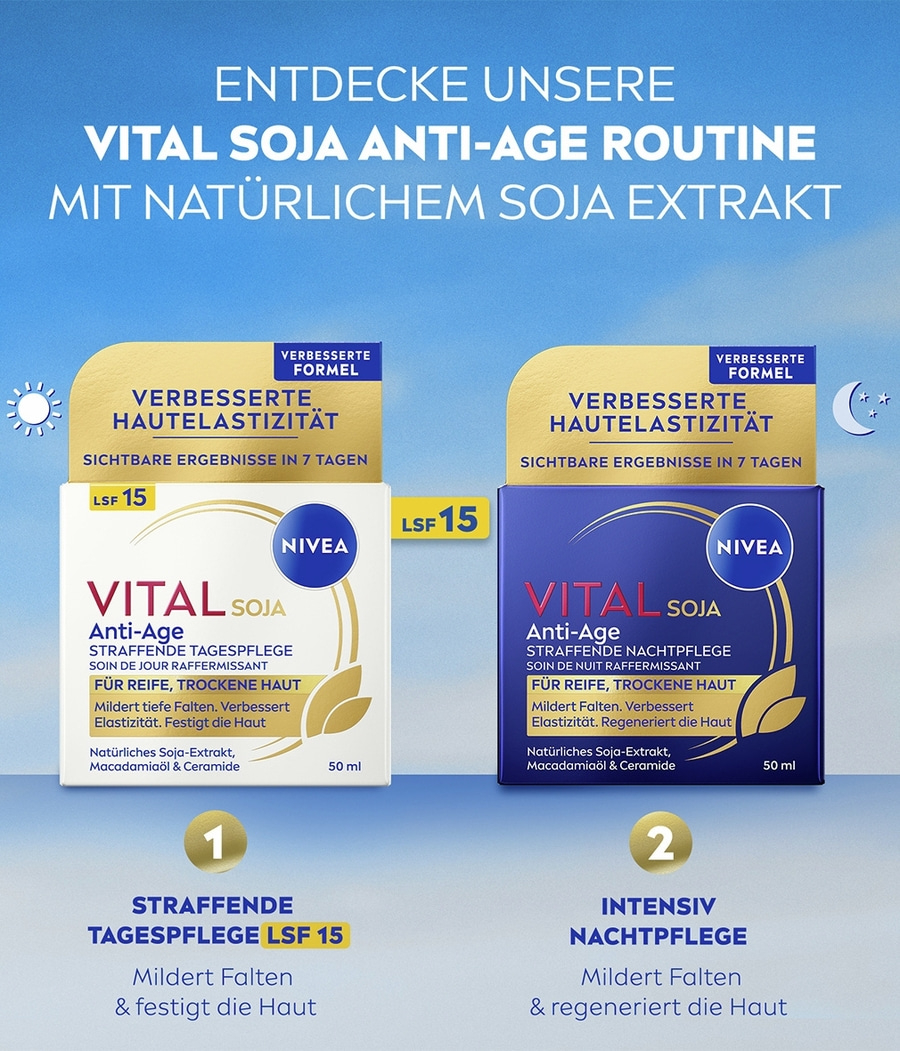 Nivea Vital Soja Anti-Age Tagespflege und Nachtpflege Produkte.
