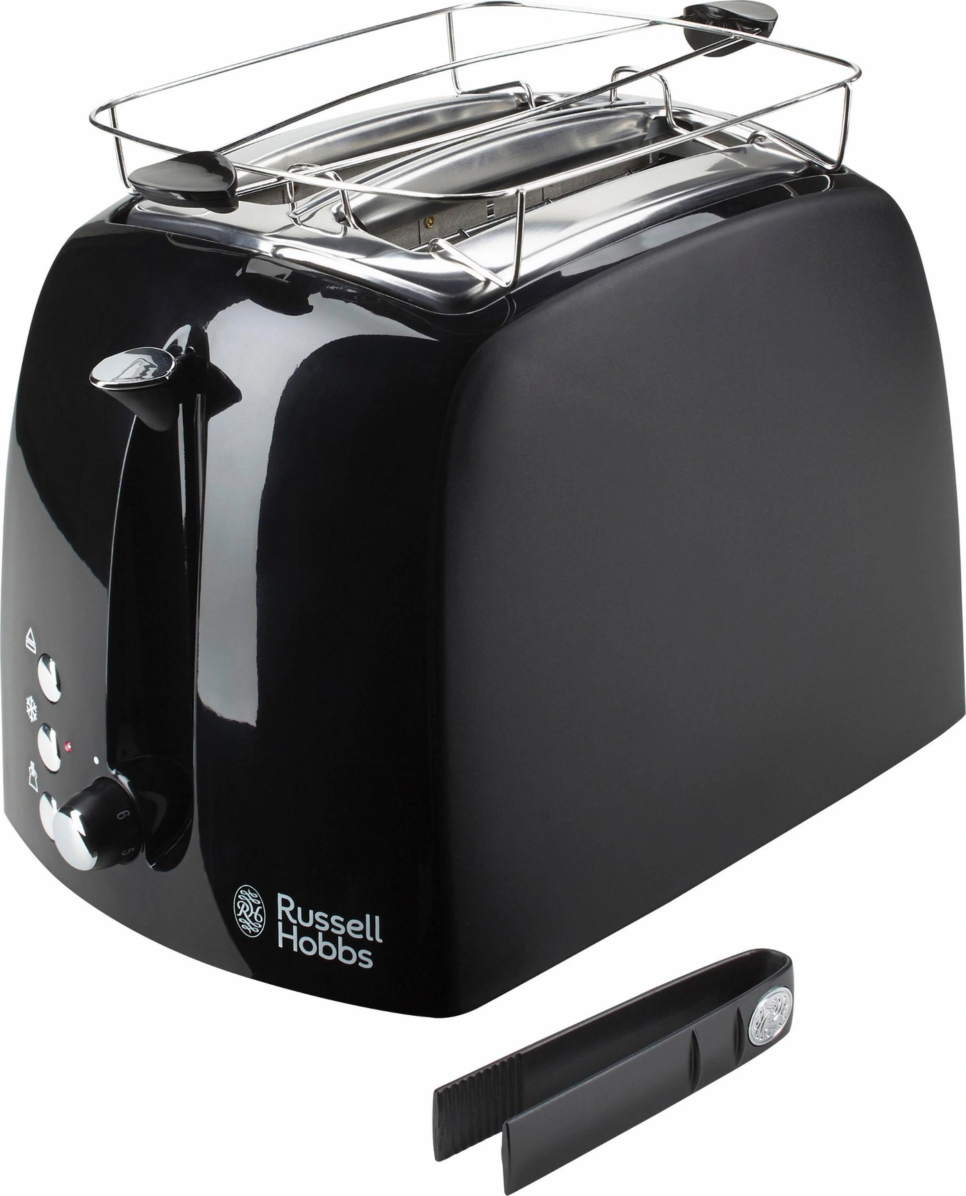 Schwarzer Toaster mit Brötchenaufsatz und Zange, Russell Hobbs.
