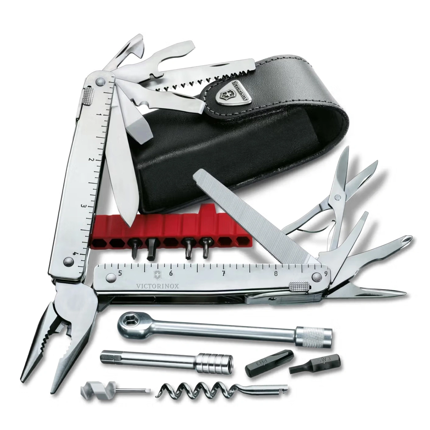 Ein Victorinox Taschenmesser mit vielen Werkzeugen und Zubehör.