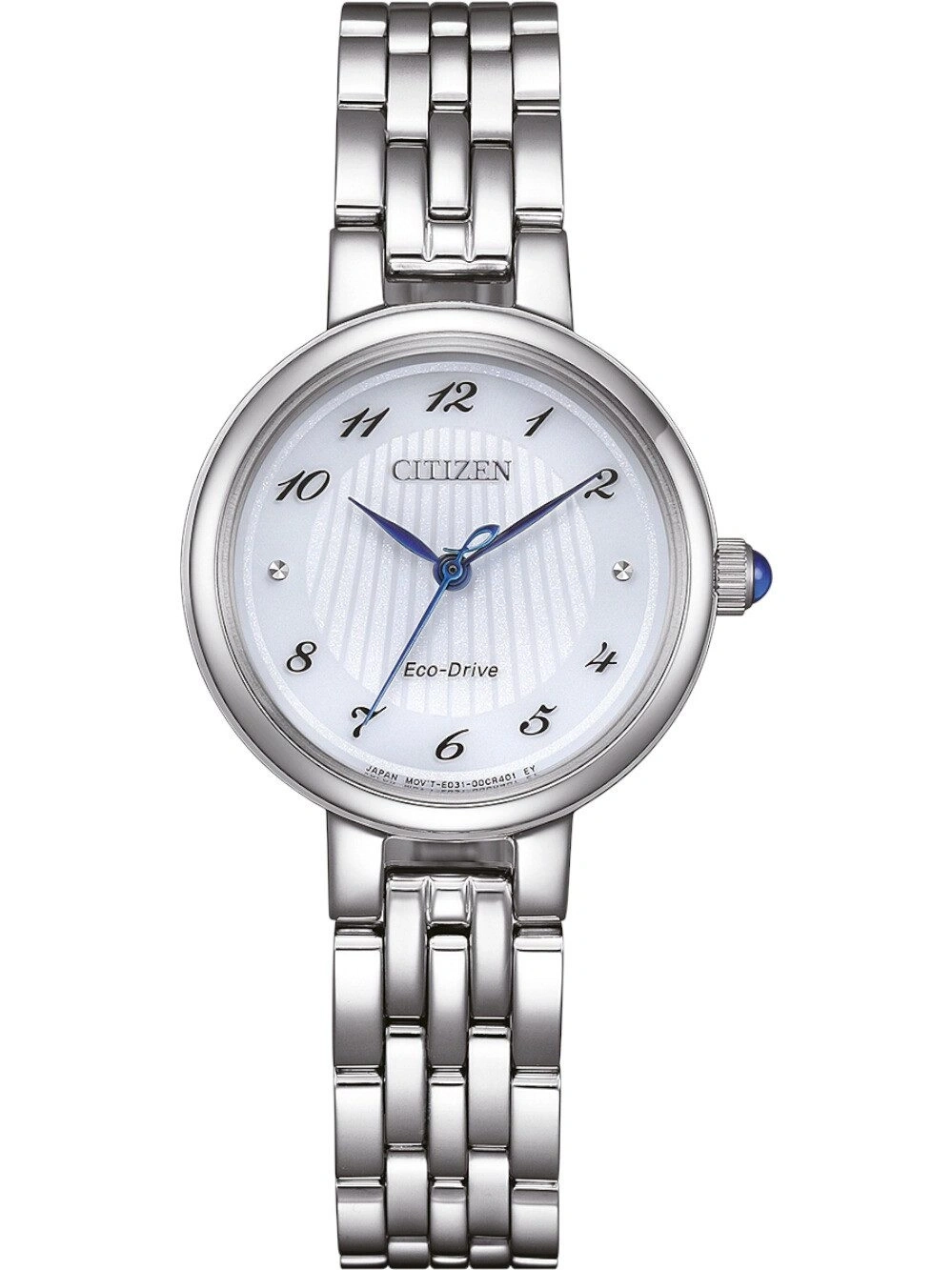 Eine elegante Citizen Eco-Drive Damenuhr mit silbernem Armband und weißem Zifferblatt.