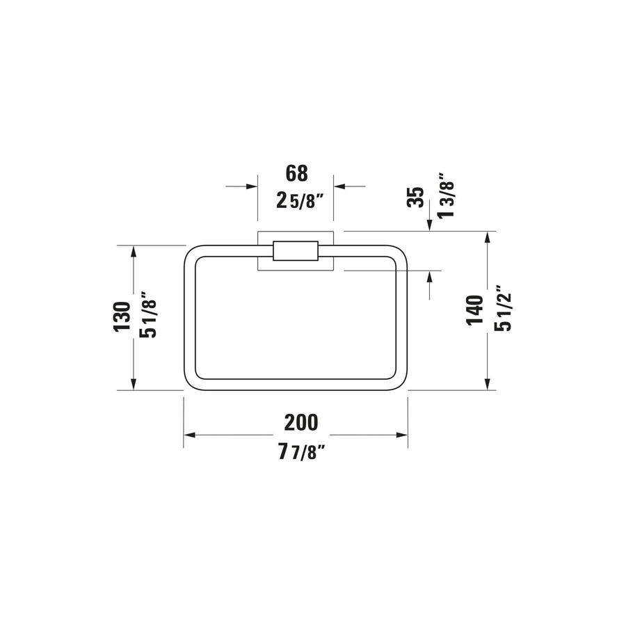 Handtuchhalter mit Abmessungen: 130mm, 200mm, 68mm, 35mm und deren Zoll-Äquivalente.