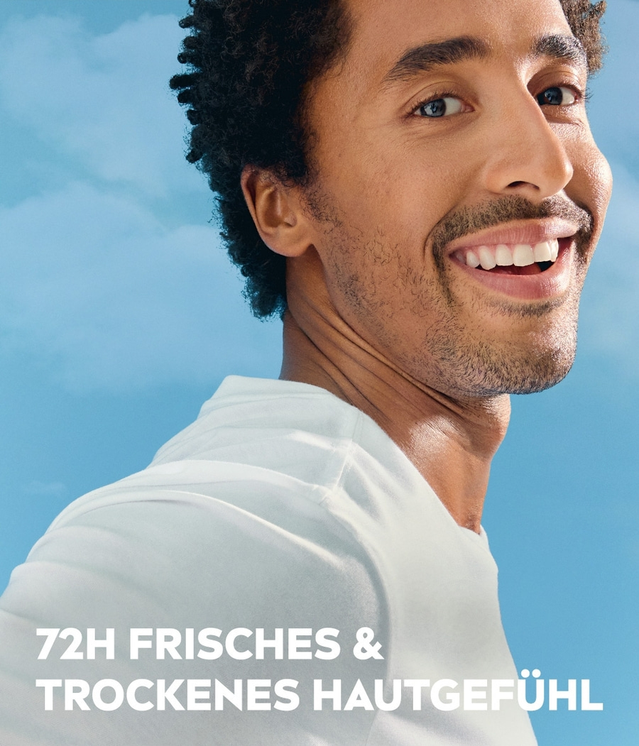 Mann mit Afro mit dem Text 72h frisches & trockenes Hautgefühl