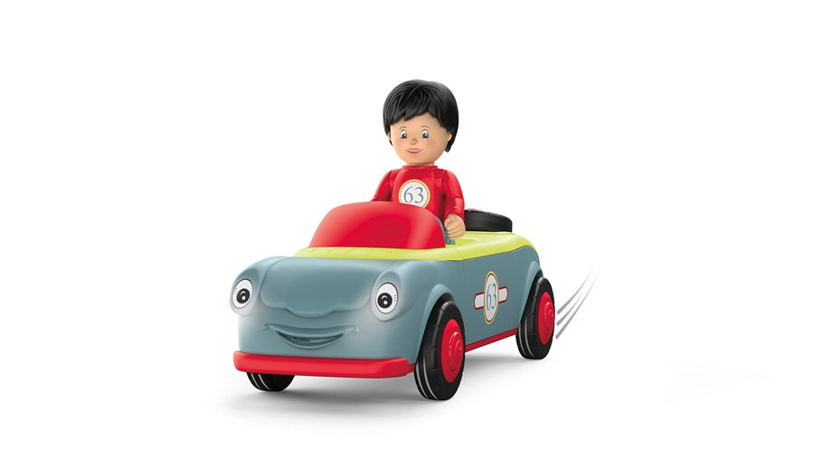 Spielzeugauto mit Fahrer, Rennfahrer, Cartoon-Stil, blau, rot, gelb, Kinderspielzeug