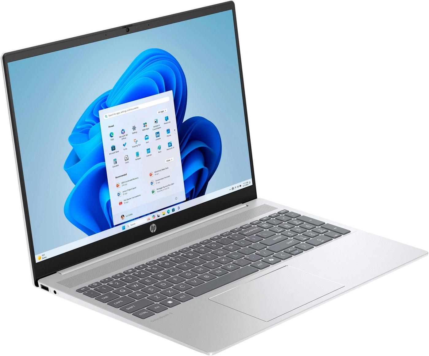Silberner HP Omnibook 5 Laptop mit einem beleuchteten Startmenü, das Windows 11 zeigt.