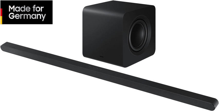 Schwarzer Samsung Soundbar und Subwoofer mit "Made for Germany" Logo