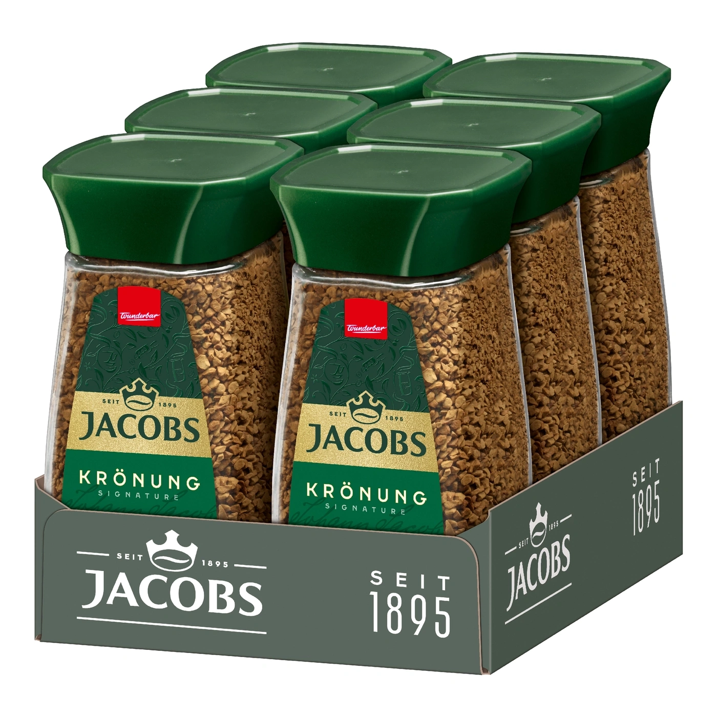 Sechs Gläser Jacobs Krönung Kaffee in einem Karton