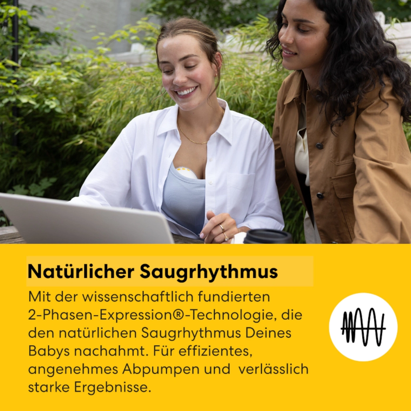 Zwei Frauen mit einem Laptop und einem Brustpumpen-Symbol