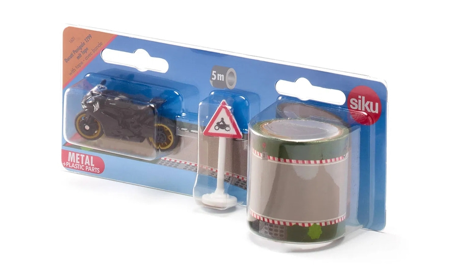 Spielzeug-Set mit Motorrad, Straßenschild und Klebeband, Marke Siku.