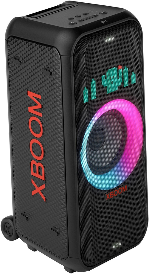 Schwarzer LG XBOOM Lautsprecher mit bunten Lichtern und Rädern