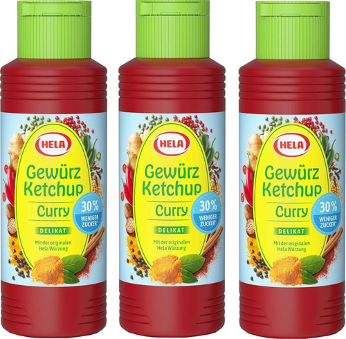 3 x Hela Ketchup Curry delikat 30% weniger Zucker Gewürzketchup 300 ml Flasche