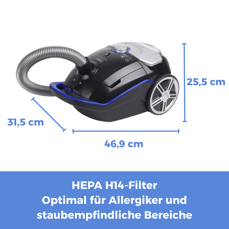 Staubsauger mit HEPA H14-Filter, ideal für Allergiker und staubempfindliche Bereiche. Maße: 31,5 cm x 25,5 cm x 46,9 cm.