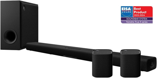 Schwarzes Soundsystem mit Subwoofer, Soundbar und zwei Lautsprechern, EISA-Auszeichnung