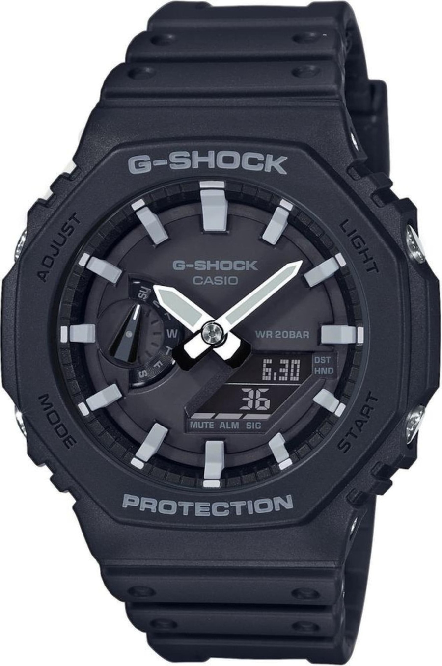 Schwarze G-Shock-Uhr mit digitaler Anzeige und analogem Zifferblatt, robustes Design.