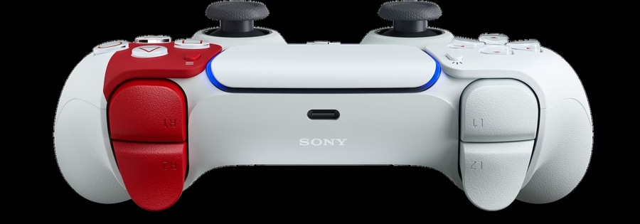 Ein weißer und roter PS5-Controller mit blauen Akzenten