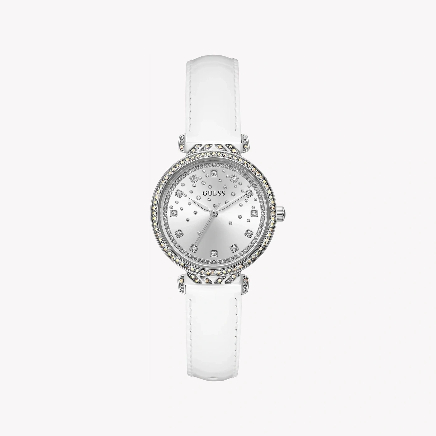 Eine schicke weiße GUESS-Damenuhr mit Glitzersteinen