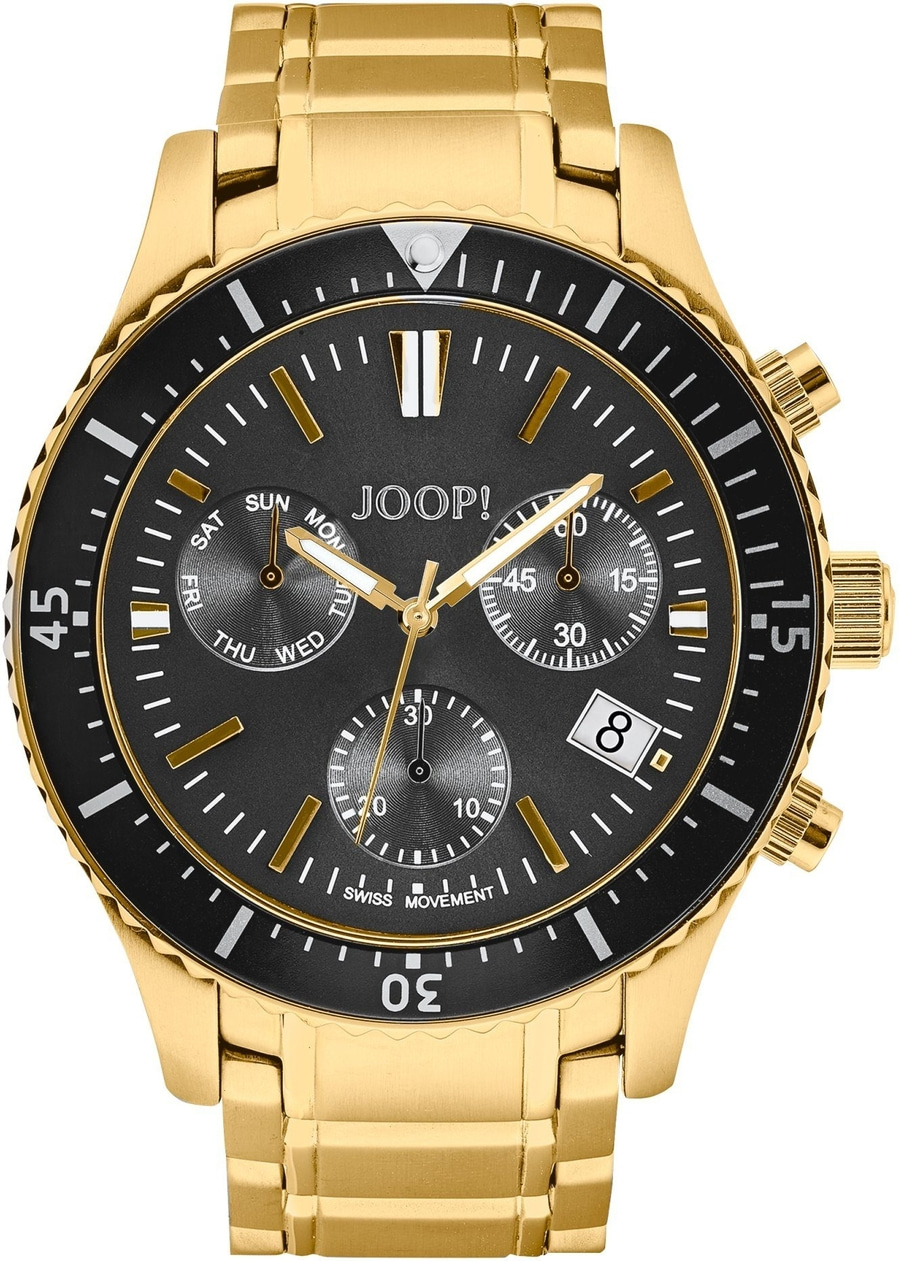 Eine goldene JOOP! Armbanduhr mit schwarzem Zifferblatt und Chronographenanzeigen.