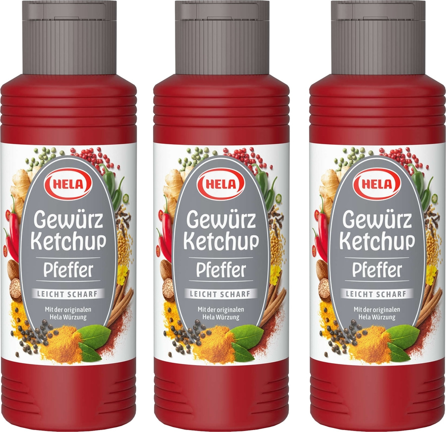 3 x Hela Ketchup Pfeffer leicht scharf Gewürzketchup 300 ml Ketchupflasche