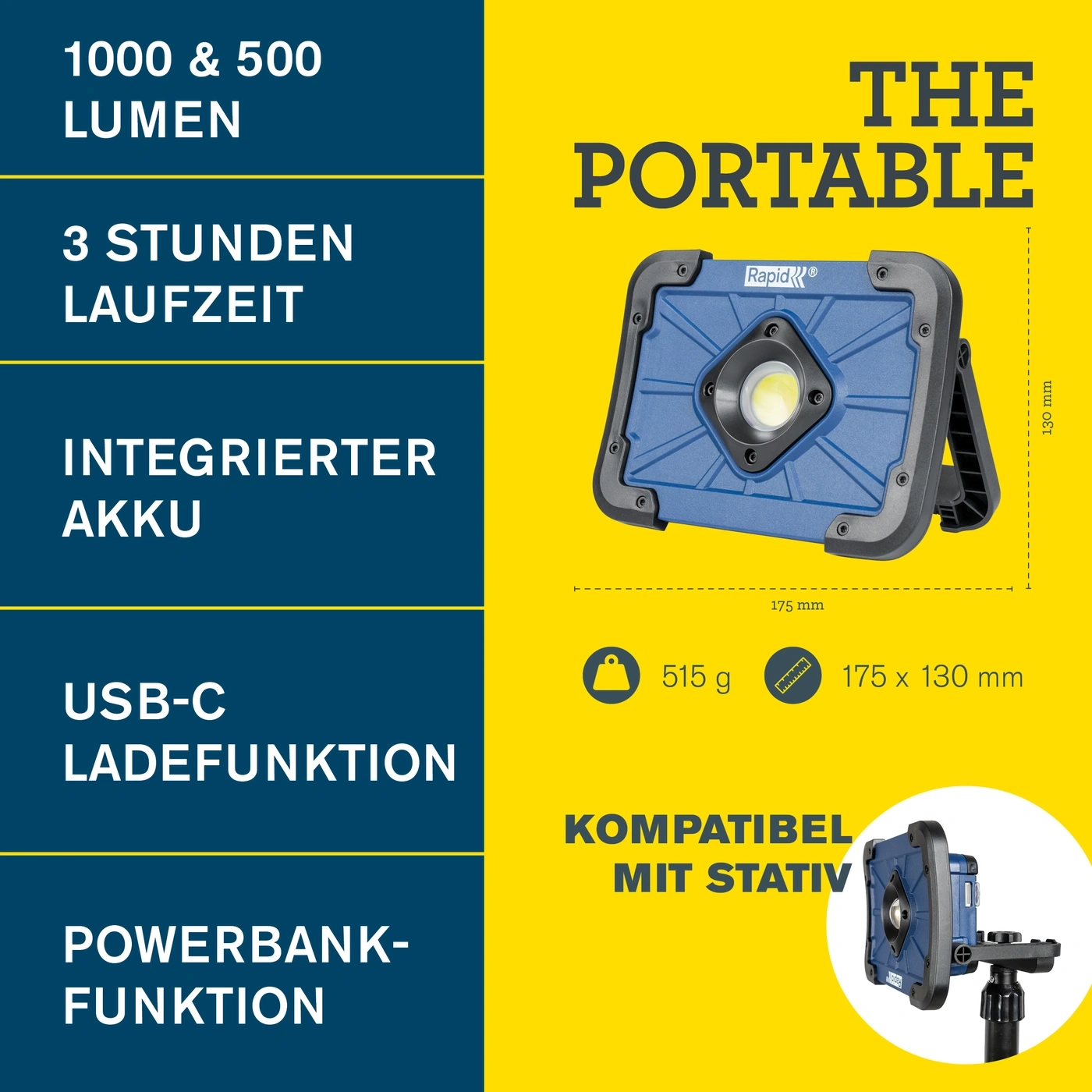 Tragbare Lampe mit 1000/500 Lumen, 3 Stunden Laufzeit, integriertem Akku, USB-C und Powerbank-Funktion.