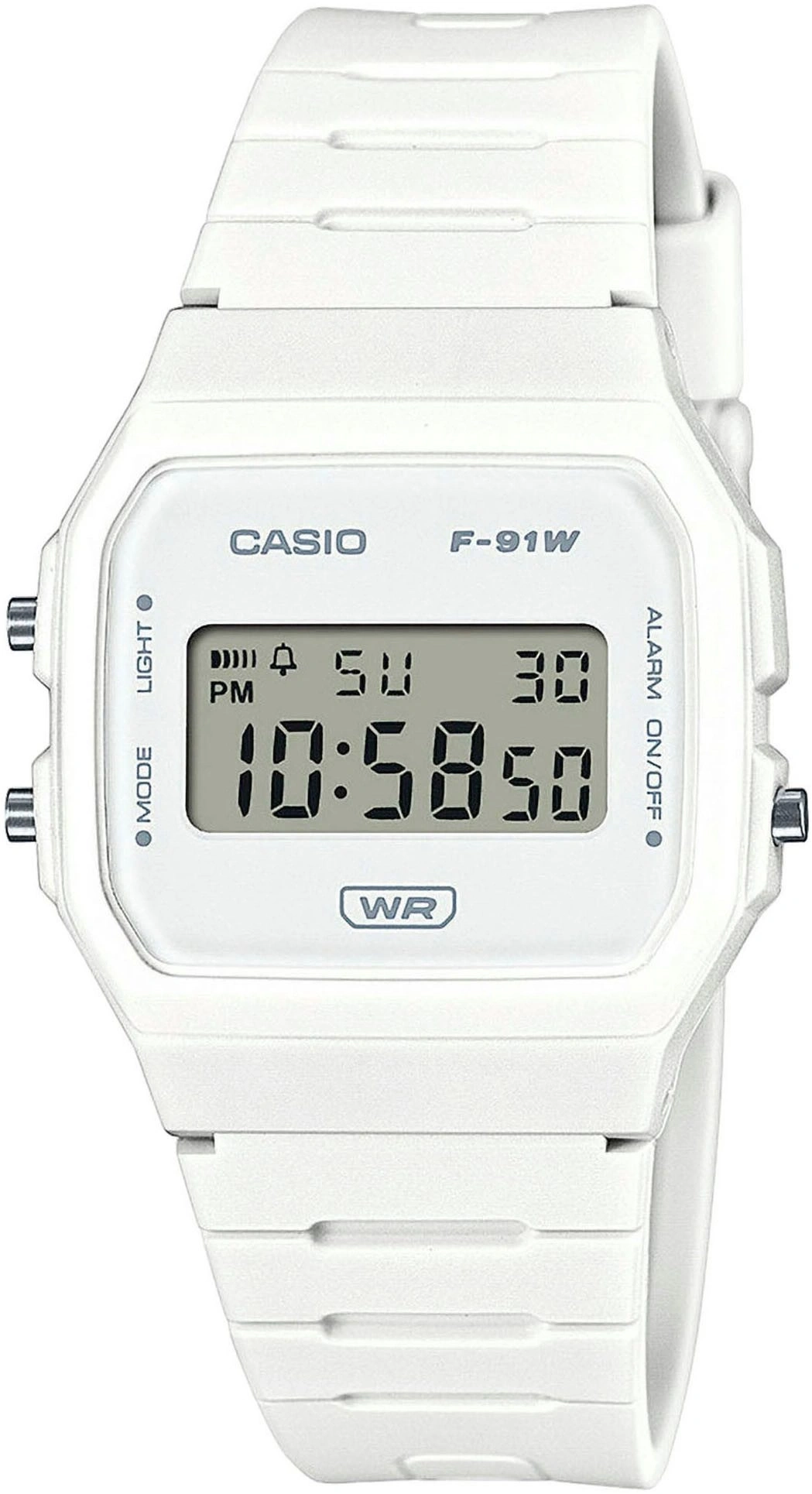 Eine weiße Casio F-91W Armbanduhr mit digitaler Anzeige.