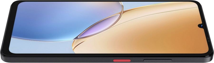 Ein Smartphone mit einem orangen und blauen Hintergrundbild. Ein roter Knopf ist sichtbar.