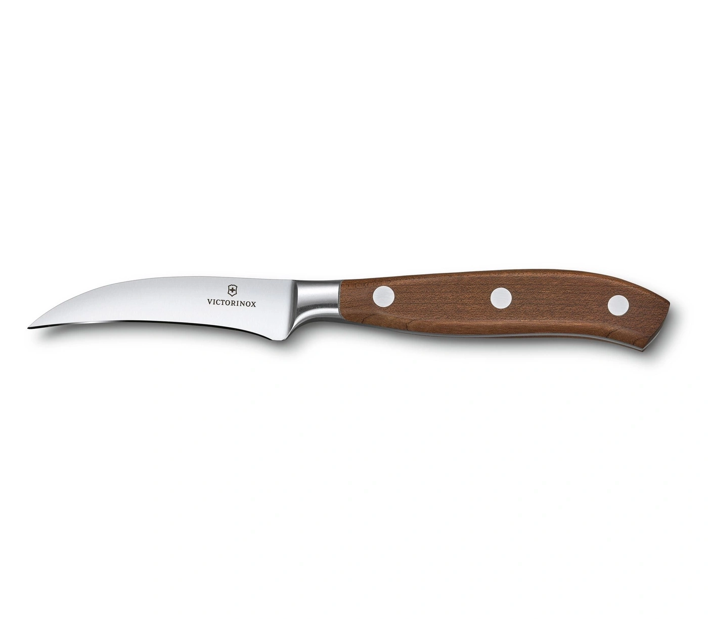 Ein scharfes Victorinox Kochmesser mit braunem Holzgriff auf weißem Hintergrund.