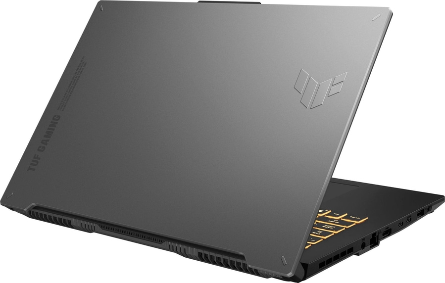 Grauer Laptop mit TUF Gaming Logo und Text. Geöffnet, Tastatur sichtbar.