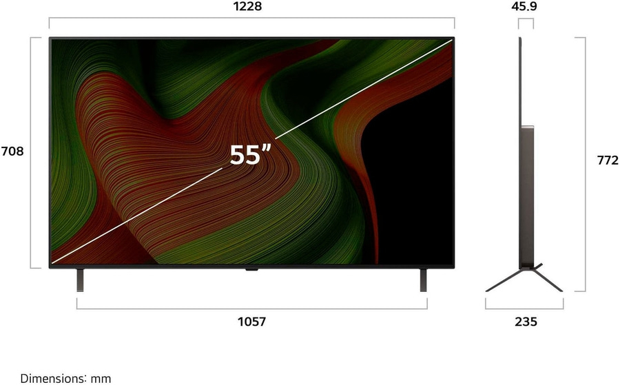 Ein 55-Zoll-Fernseher mit den Maßen 1228x708x45,9 mm und einer Tiefe von 235 mm.