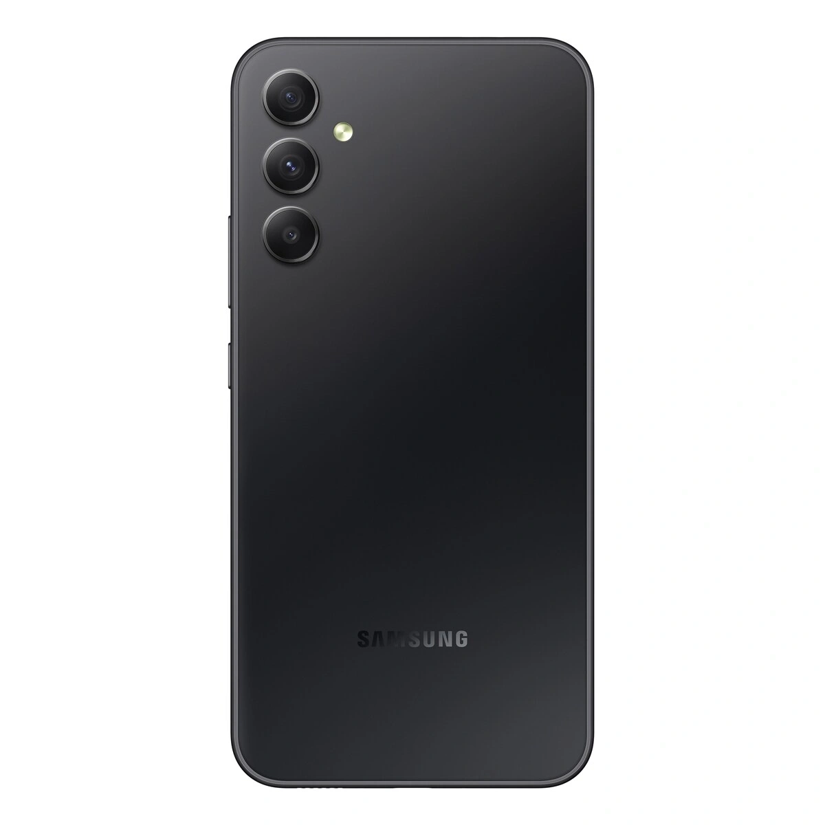 Rückseite eines schwarzen Samsung-Smartphones mit drei Kameras und Samsung-Logo.