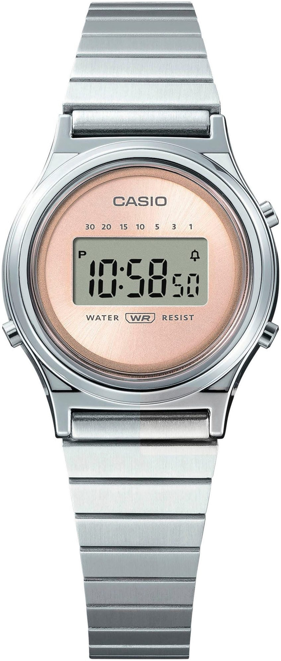 Casio Uhr, silbernes Armband, rosafarbenes Zifferblatt, Digitalanzeige, wasserdicht