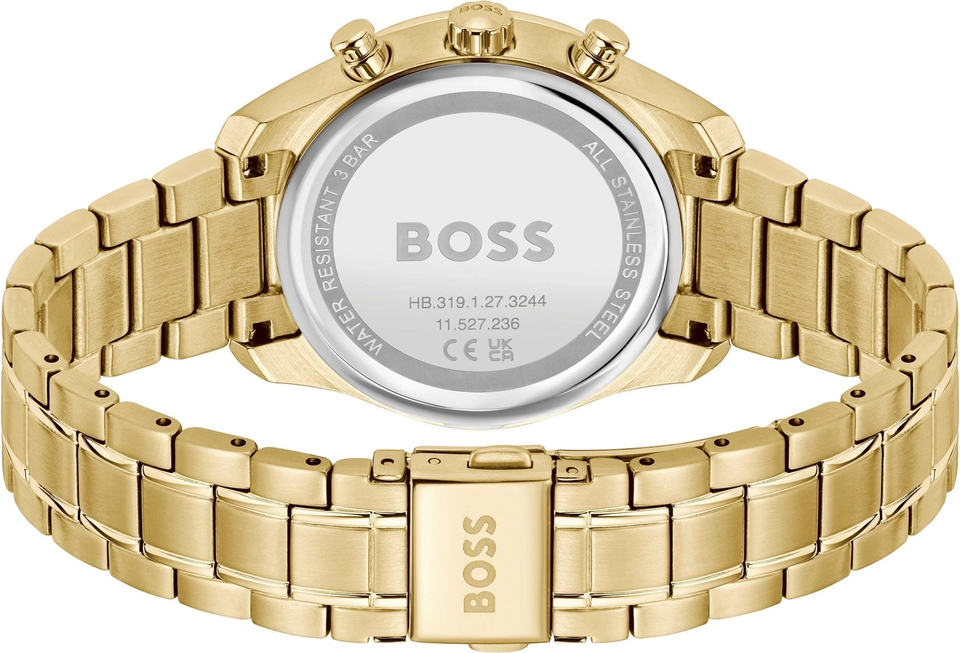 Rückansicht einer goldenen Boss-Armbanduhr mit Wasserdichtigkeit 3 Bar.