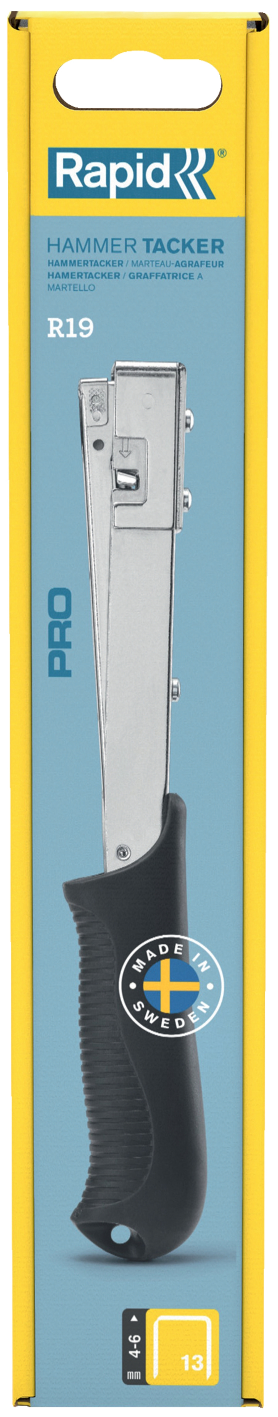 Hammer Tacker mit Aufhängung, "Made in Sweden" Aufdruck und Heftklammer-Symbol.