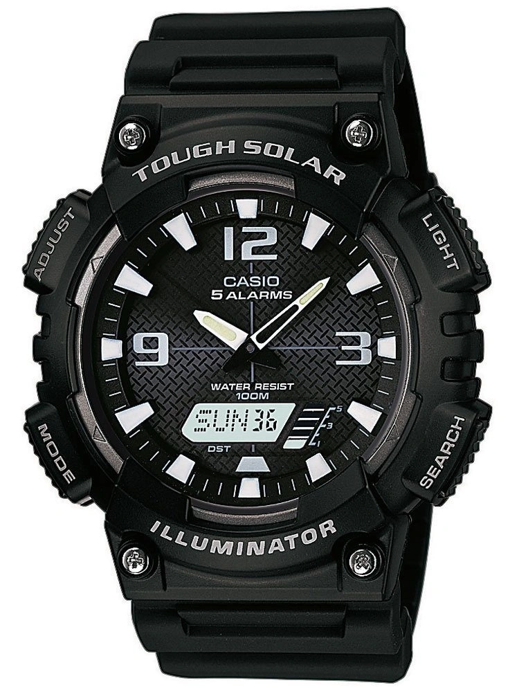 Schwarze Casio Armbanduhr mit
digitalem und analogem Display.